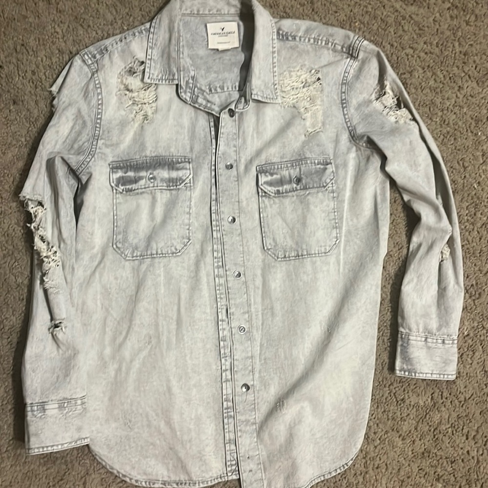 American Eagle oversized destroyed denim shirt